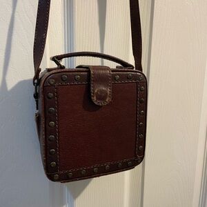 Brown Leather Studded Square Shoulder Bag